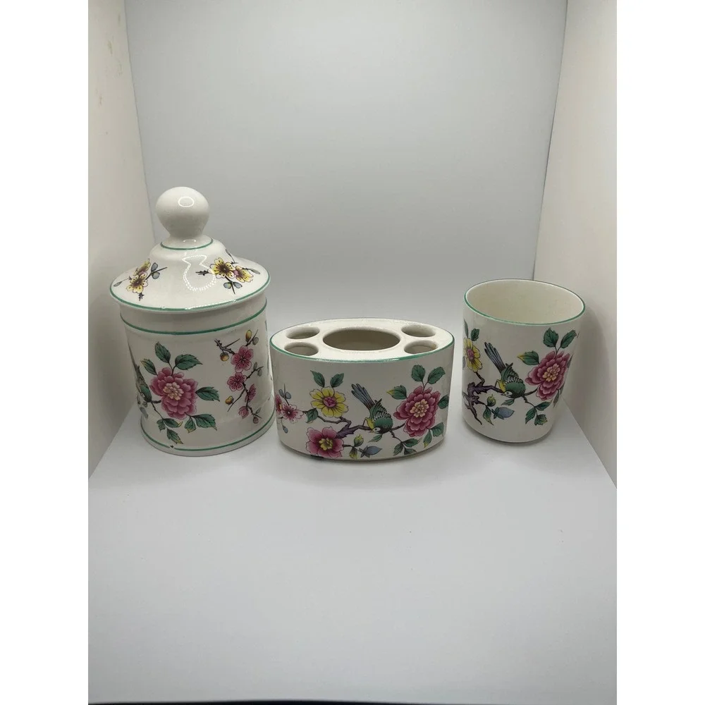 Vintage Old Foley James Kent Chinese Rose 3pc Floral Vanity Bathroom Set